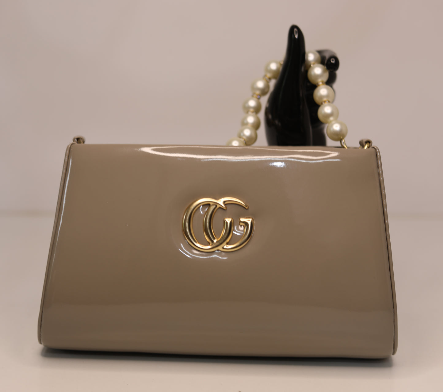 Taupe Glossy Mini Handbag โ Pearl Handle Detail