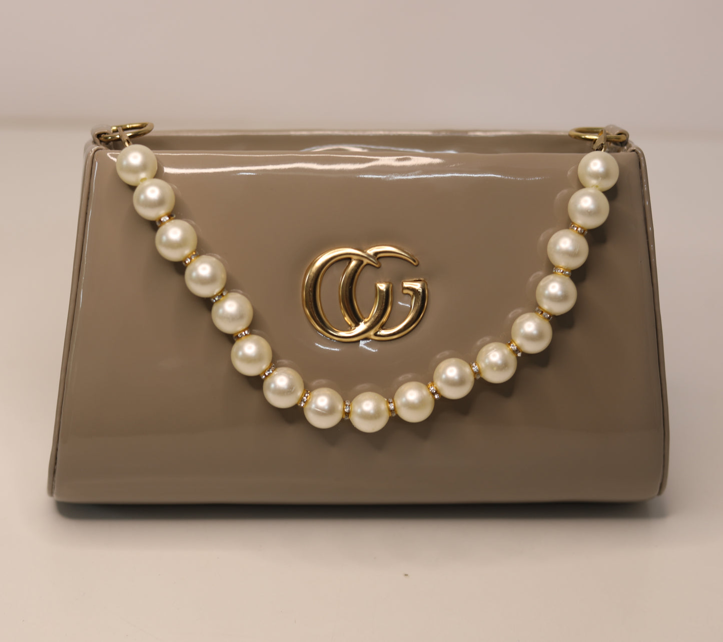 Taupe Glossy Mini Handbag โ Pearl Handle Detail