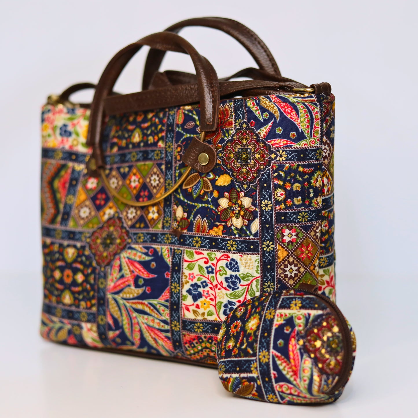 Ethnic Print Tote & Shoulder Bag Set – Navy Blue & Multicolor Patchwork (2-in-1 with Mini Bag)