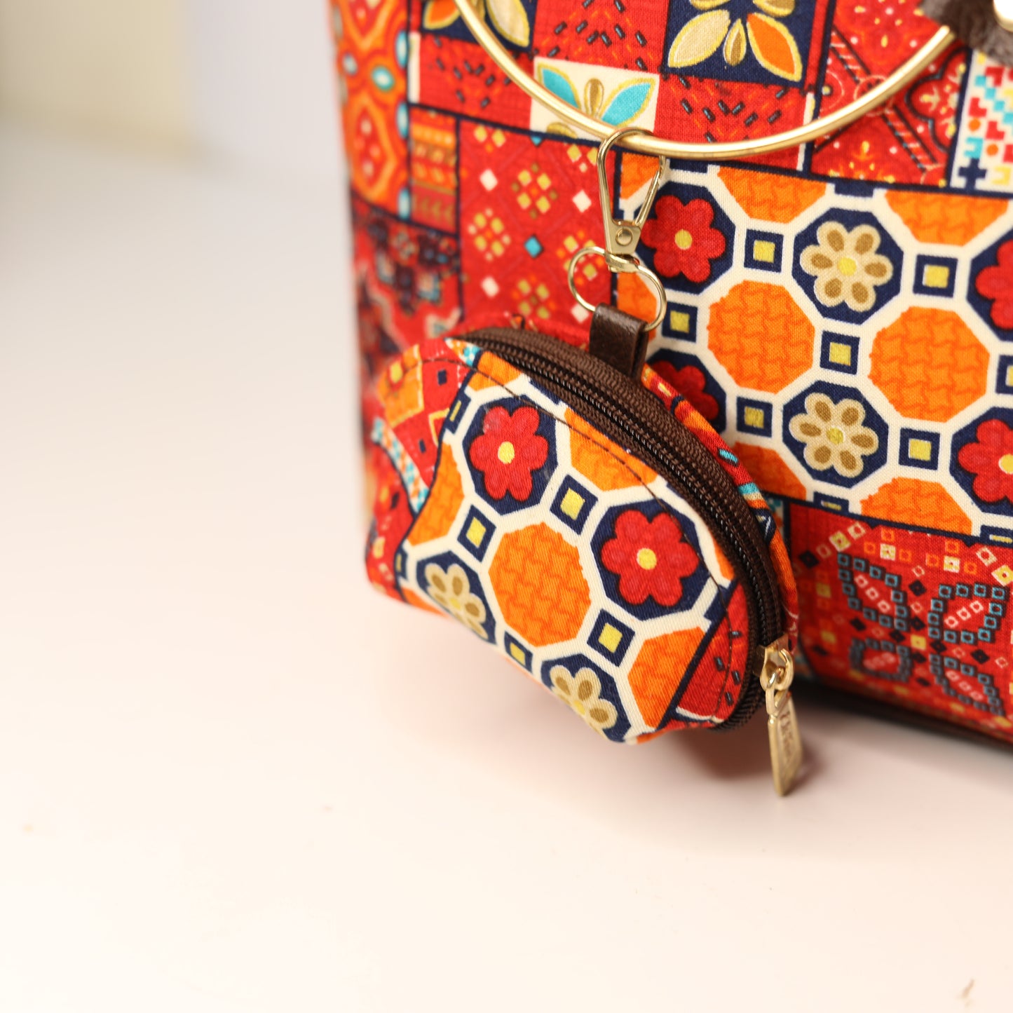 Ethnic Print Tote & Shoulder Bag Set – Tangy Orange (2-in-1 with Mini Bag)
