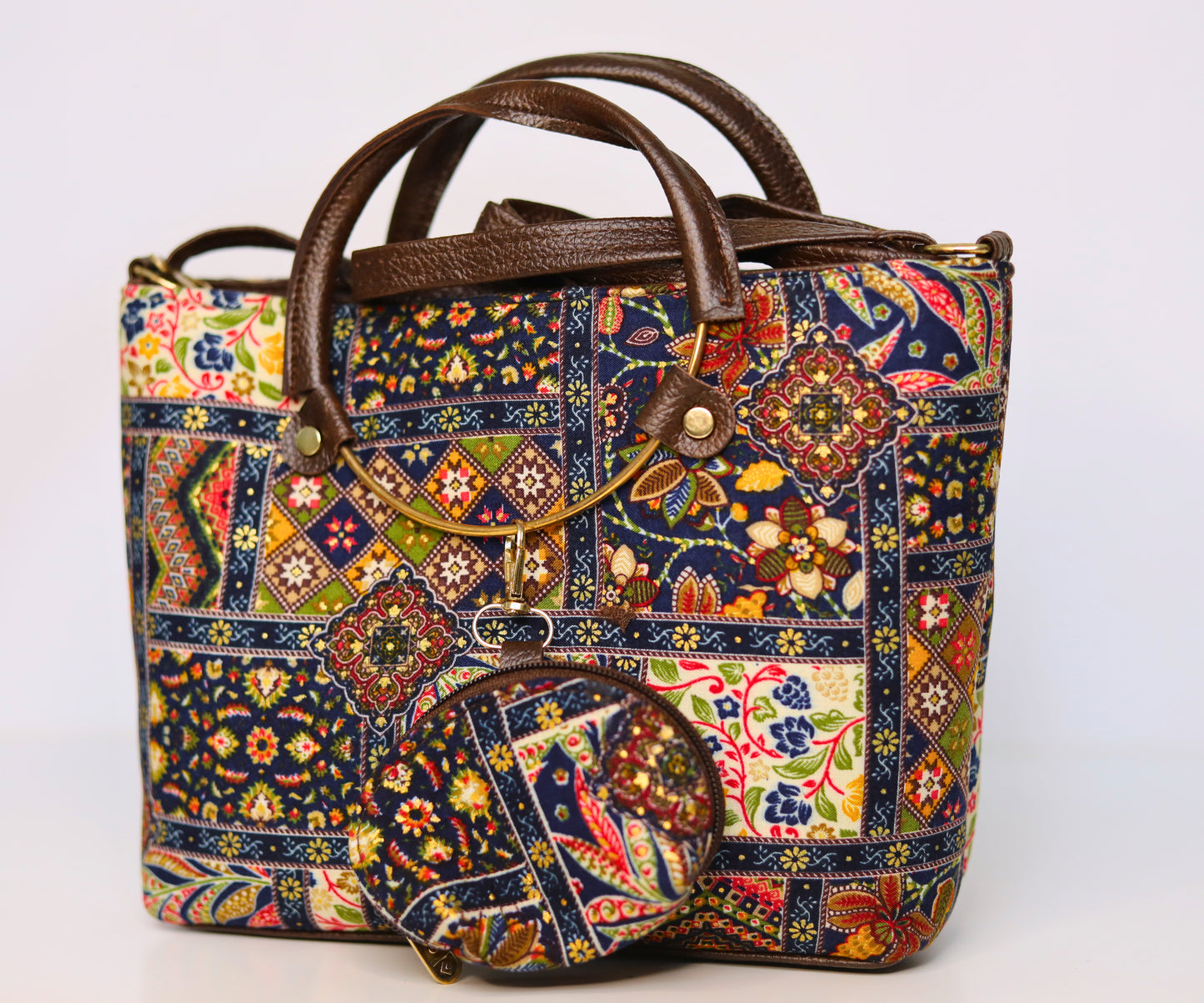 Ethnic Print Tote & Shoulder Bag Set – Navy Blue & Multicolor Patchwork (2-in-1 with Mini Bag)