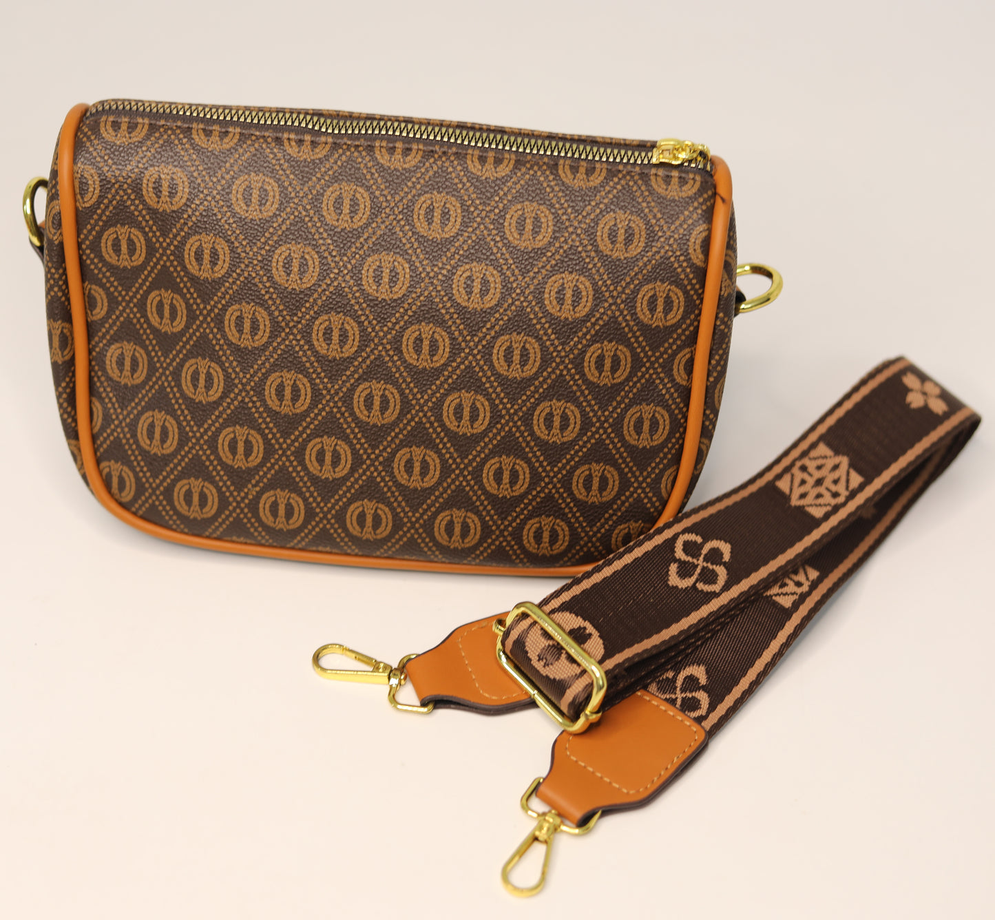 Brown Monogram Crossbody Bag – Wide Strap Detail