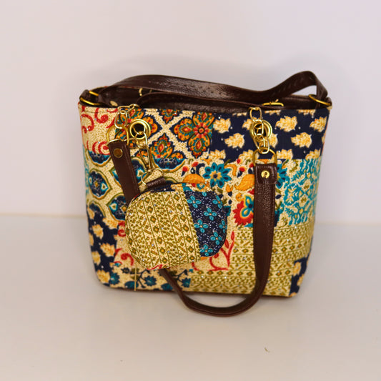 Ethnic Patchwork Tote & Shoulder Bag Set – Navy Blue & Golden Accents (2-in-1 with Mini Pouch)