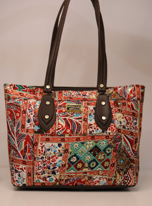 Ethnic Print Tote Handbag – Vibrant & Spacious Design (Orange)