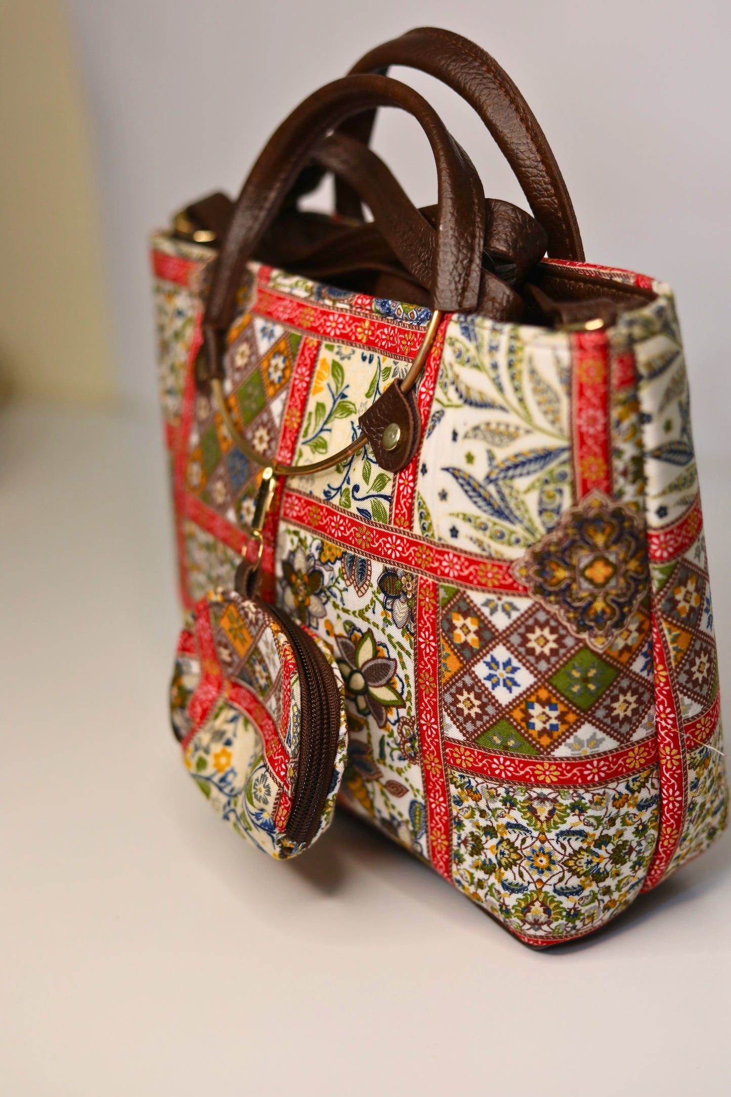 Ethnic Print Tote & Shoulder Bag Set – Cream & Red Patchwork (2-in-1 with Mini Bag)