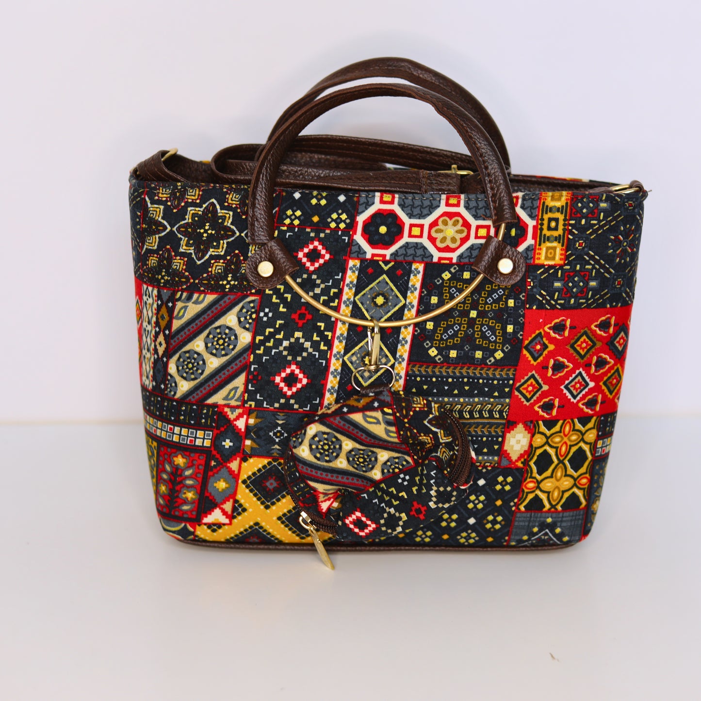Ethnic Print Tote & Shoulder Bag Set – Black & Multicolor Patchwork (2-in-1 with Mini Bag)