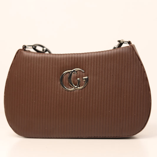 Chocolate Brown Textured Baguette Shoulder Bag – CG Monogram Detail