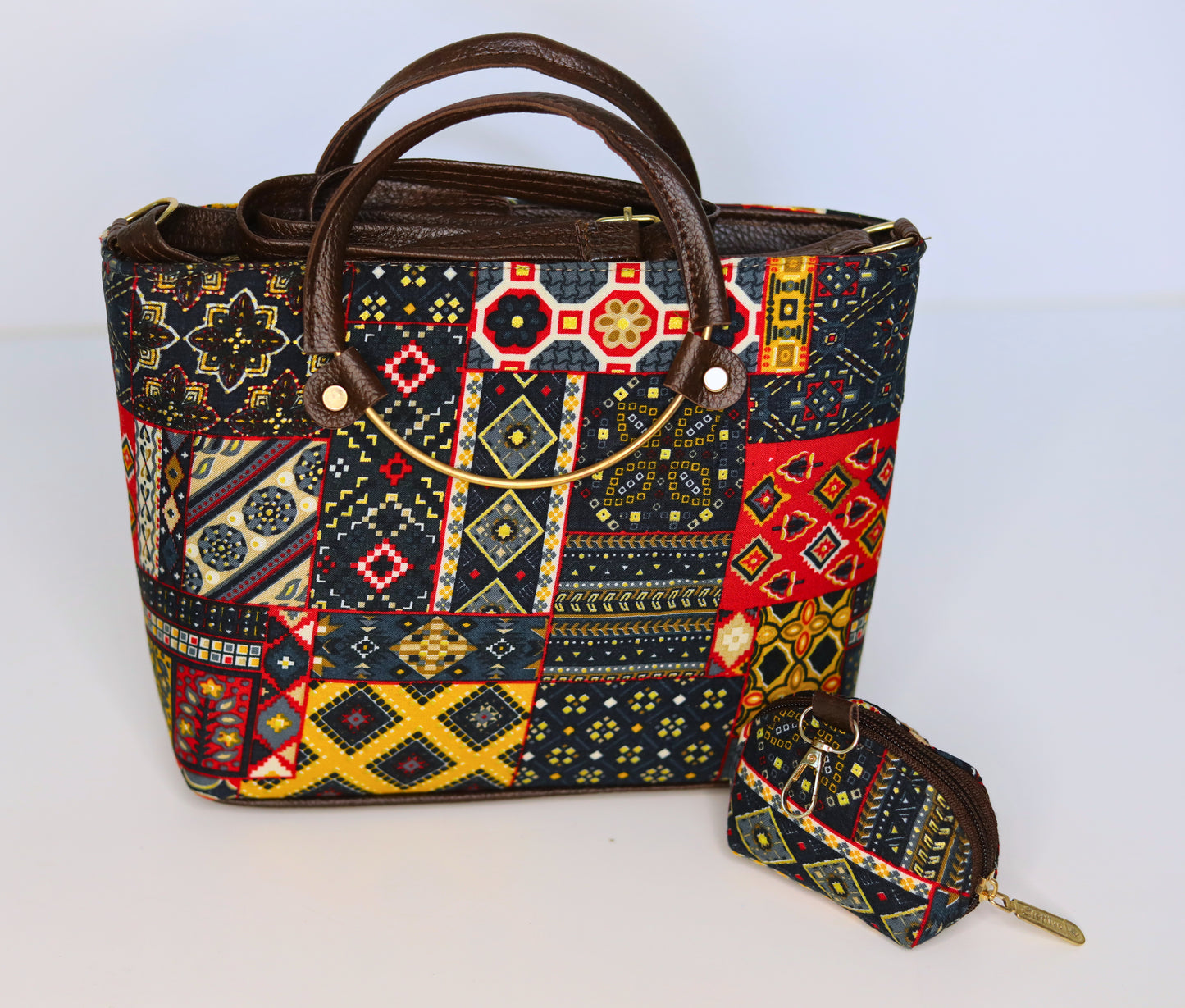 Ethnic Print Tote & Shoulder Bag Set – Black & Multicolor Patchwork (2-in-1 with Mini Bag)