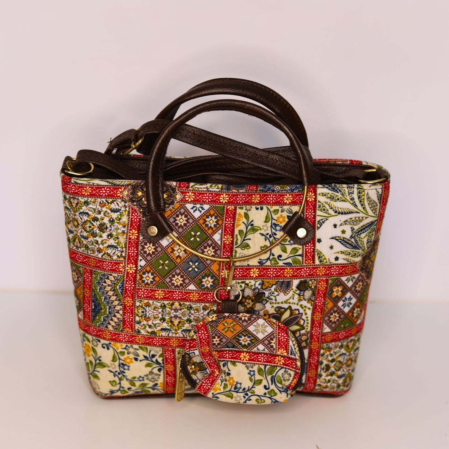 Ethnic Print Tote & Shoulder Bag Set – Cream & Red Patchwork (2-in-1 with Mini Bag)