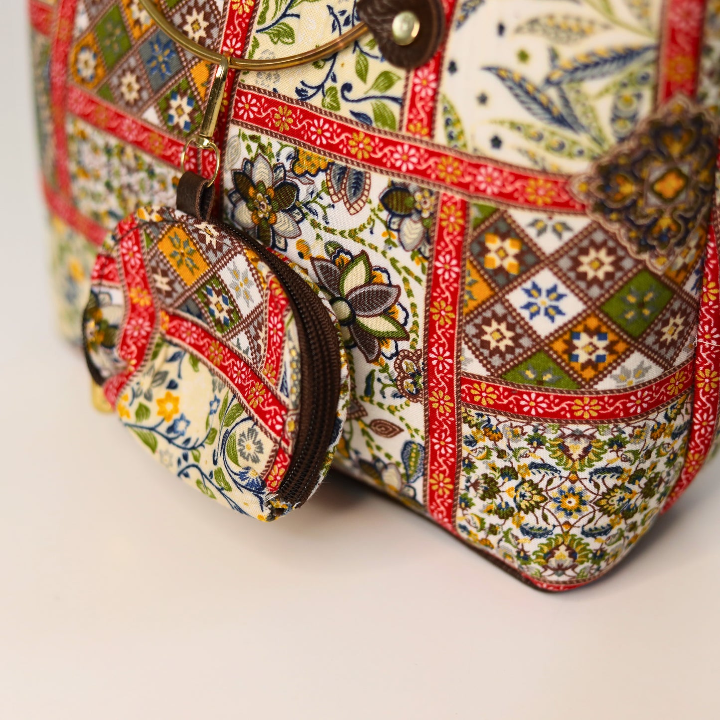 Ethnic Print Tote & Shoulder Bag Set – Cream & Red Patchwork (2-in-1 with Mini Bag)