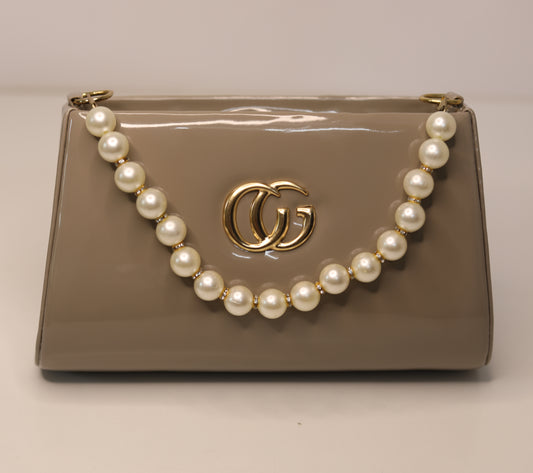 Taupe Glossy Mini Handbag – Pearl Handle Detail
