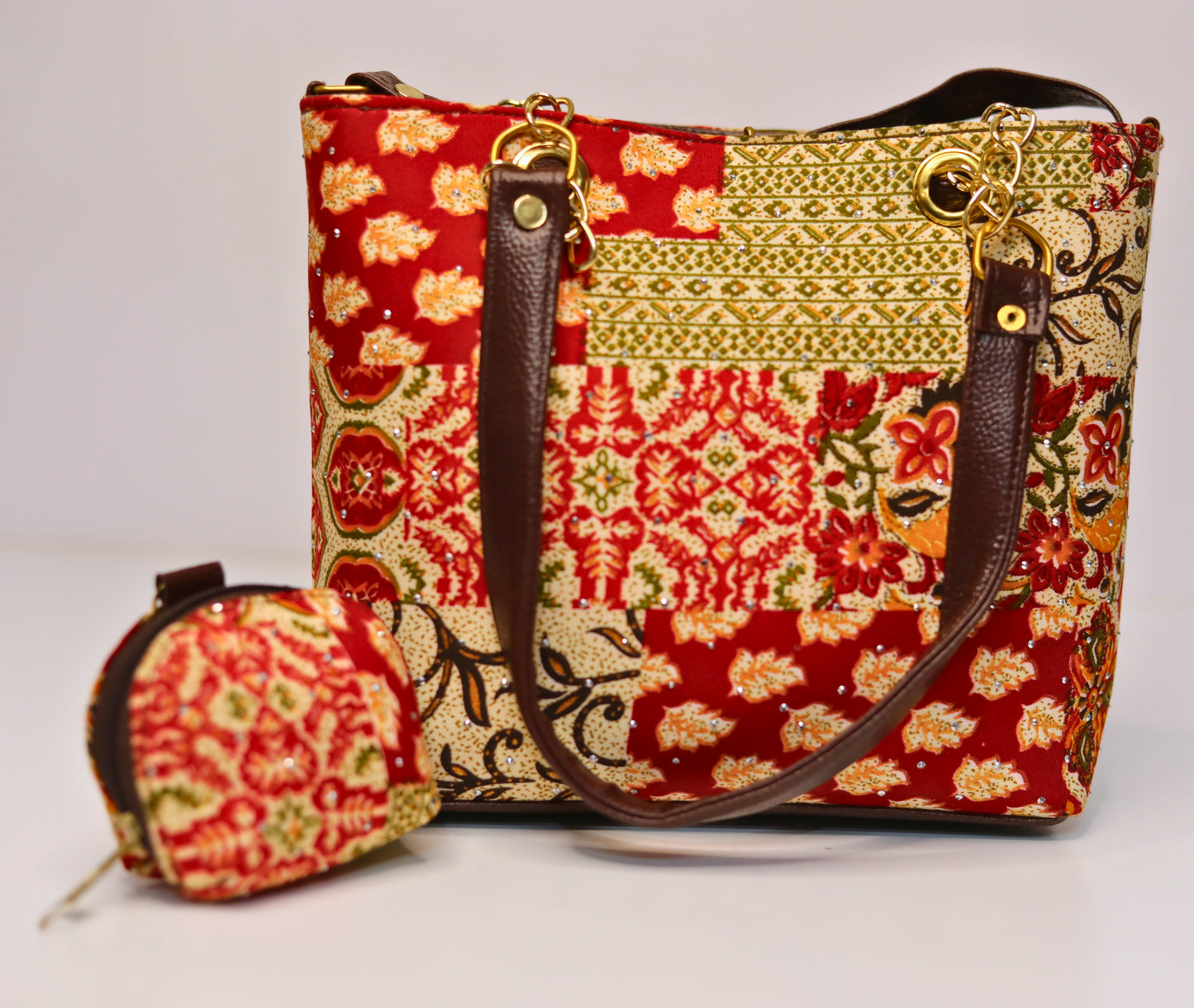 Ethnic Bridal Tote & Shoulder Bag Set – Red & Gold Patchwork (2-in-1 with Mini Bag)