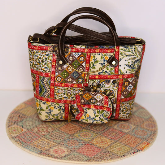 Ethnic Print Tote & Shoulder Bag Set – Cream & Red Patchwork (2-in-1 with Mini Bag)