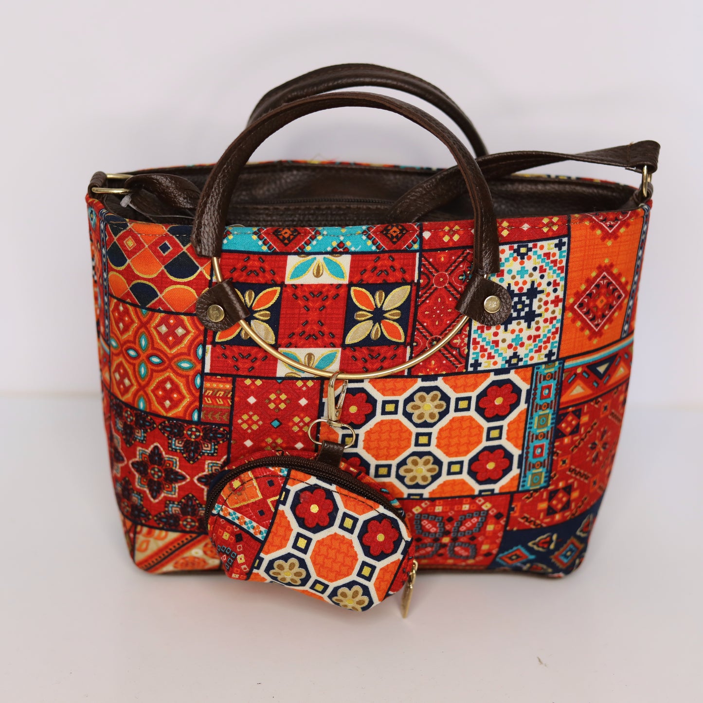 Ethnic Print Tote & Shoulder Bag Set – Tangy Orange (2-in-1 with Mini Bag)