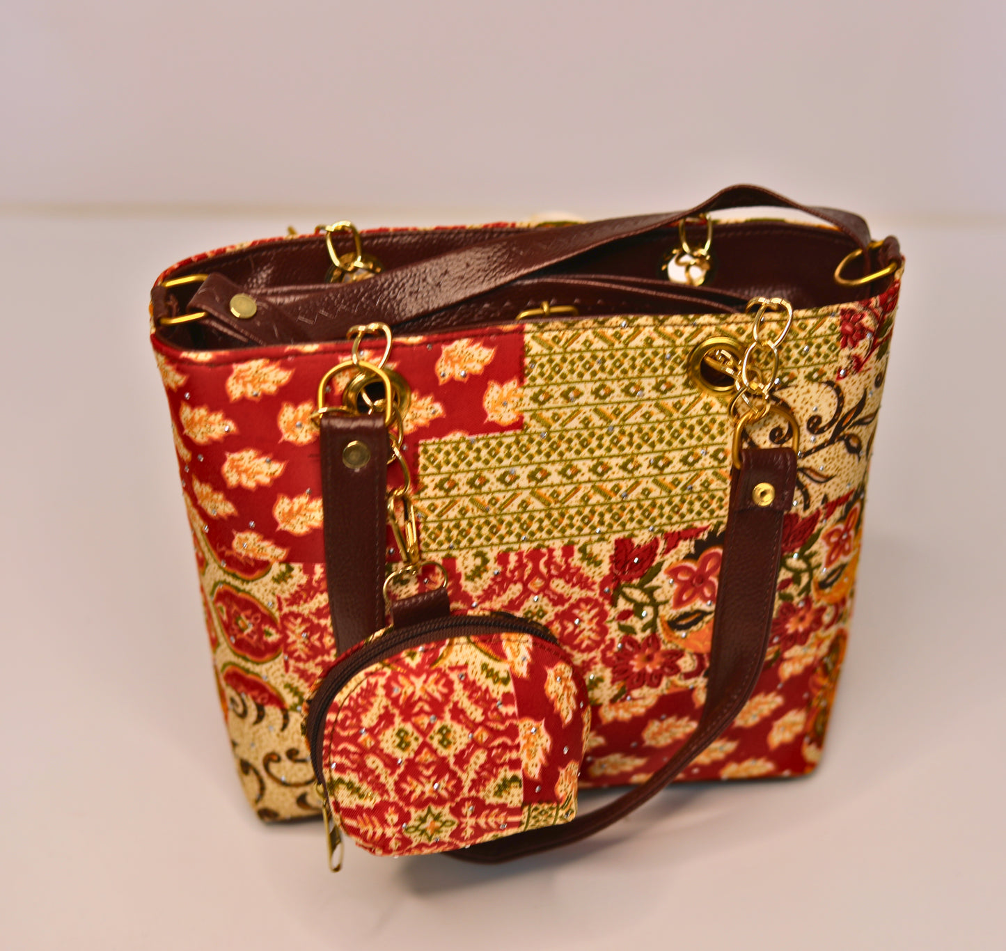 Ethnic Bridal Tote & Shoulder Bag Set – Red & Gold Patchwork (2-in-1 with Mini Bag)