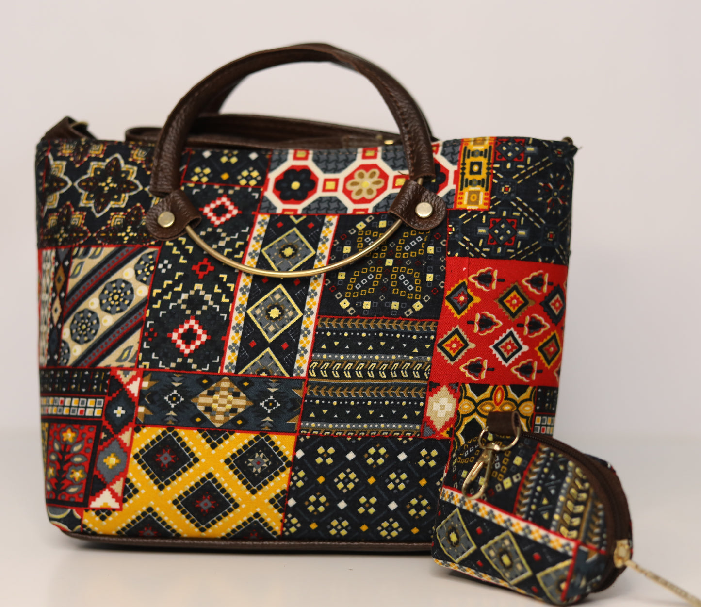 Ethnic Print Tote & Shoulder Bag Set – Black & Multicolor Patchwork (2-in-1 with Mini Bag)