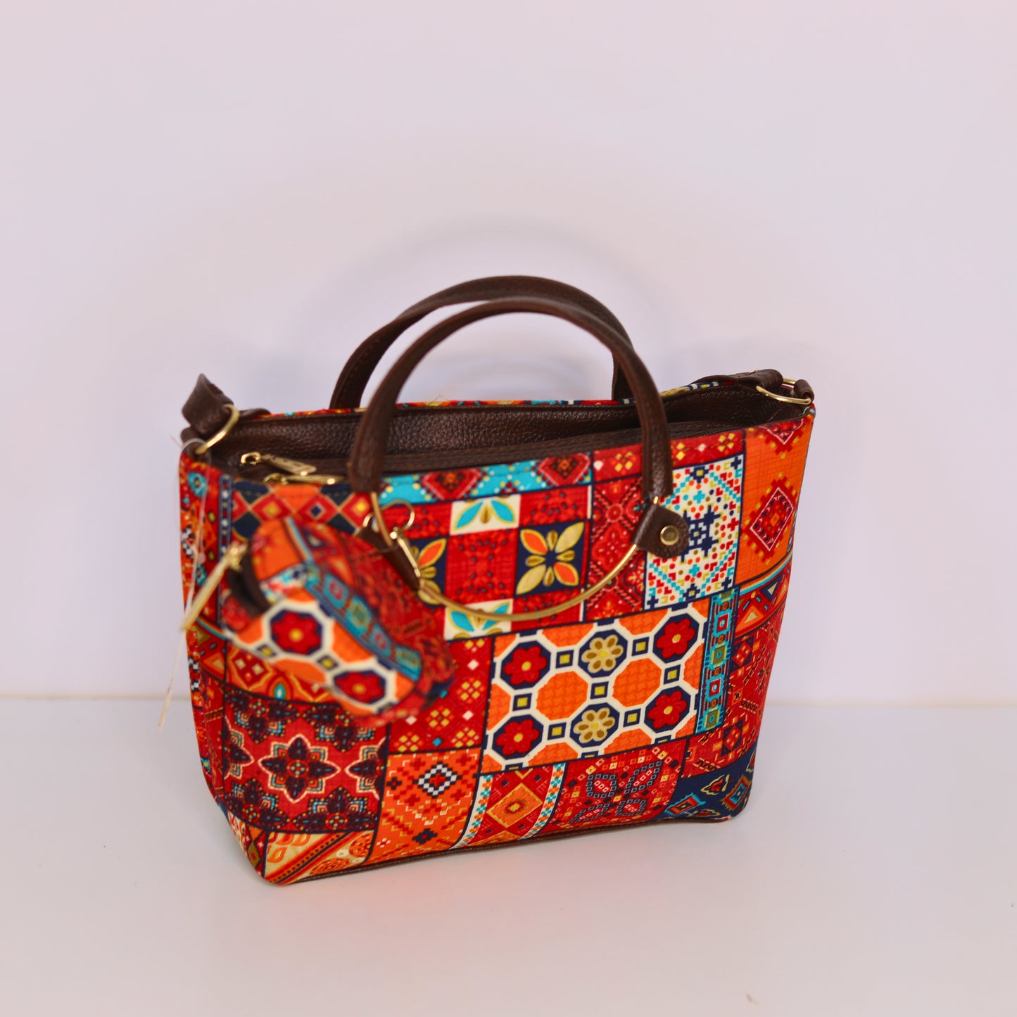 Ethnic Print Tote & Shoulder Bag Set – Tangy Orange (2-in-1 with Mini Bag)