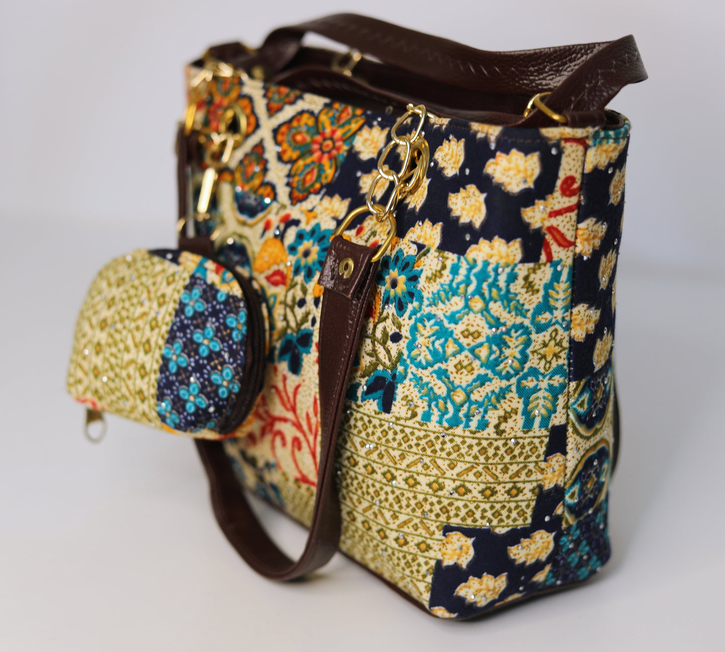 Ethnic Patchwork Tote & Shoulder Bag Set – Navy Blue & Golden Accents (2-in-1 with Mini Pouch)