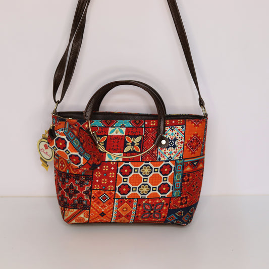 Ethnic Print Tote & Shoulder Bag Set – Tangy Orange (2-in-1 with Mini Bag)