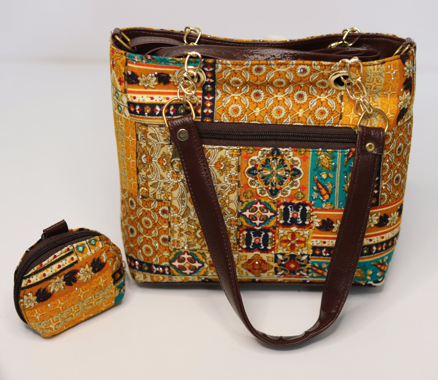 Ethnic Print Tote & Shoulder Bag Set – Mustard Yellow (2-in-1 with Mini Bag)