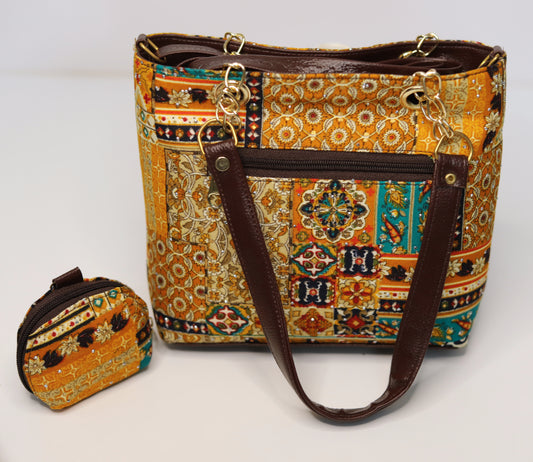 Ethnic Print Tote & Shoulder Bag Set – Mustard Yellow (2-in-1 with Mini Bag)