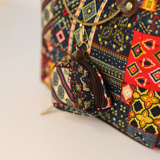 Ethnic Print Tote & Shoulder Bag Set – Black & Multicolor Patchwork (2-in-1 with Mini Bag)