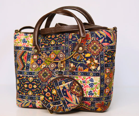 Ethnic Print Tote & Shoulder Bag Set – Navy Blue & Multicolor Patchwork (2-in-1 with Mini Bag)