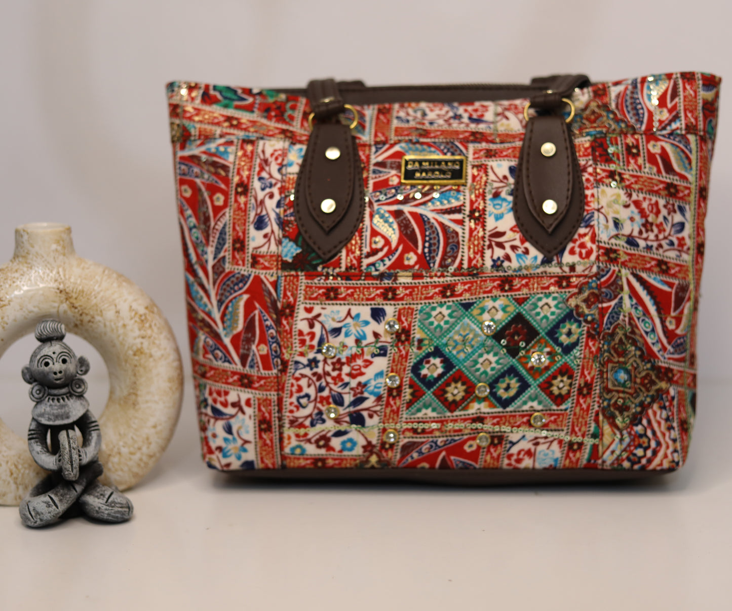Ethnic Print Tote Handbag – Vibrant & Spacious Design (Orange)