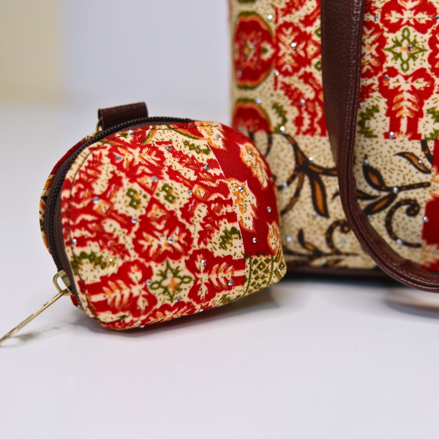 Ethnic Bridal Tote & Shoulder Bag Set – Red & Gold Patchwork (2-in-1 with Mini Bag)